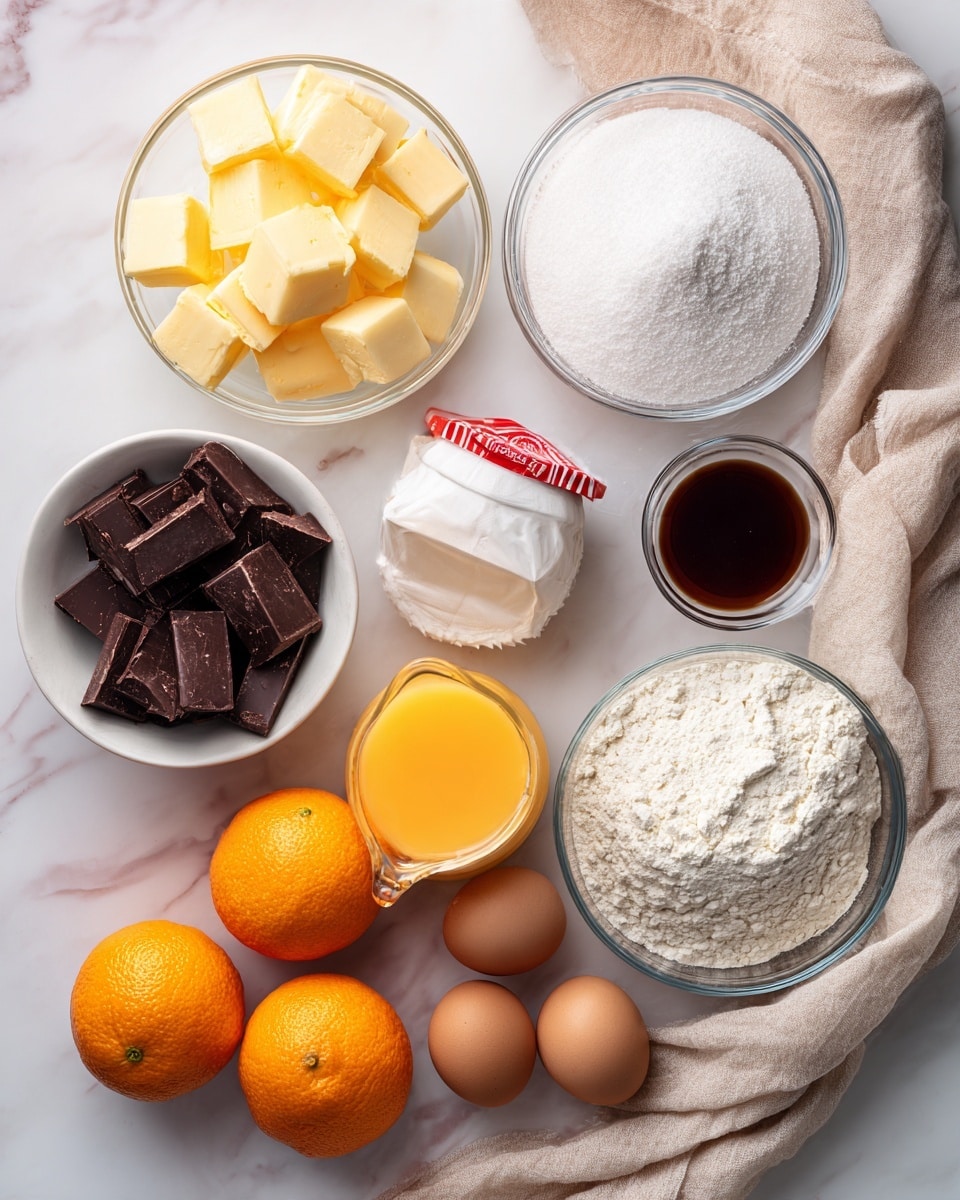 The image shows several glass and white bowls arranged on a white marbled surface. Starting from the top left, there is a bowl filled with yellow butter cubes, next to it on the right is a bowl filled with white granulated sugar. Below the butter, there is a red and white cream container lying flat, to the right of cream is a small glass pitcher with bright orange juice. At the bottom left, there is a white bowl with dark chocolate chunks. Below the chocolate sits three bright oranges next to each other. Above the oranges, in the center bottom, there is a small glass bowl with dark vanilla extract. To the right of that is a white bowl with three brown eggs. Further right is a large clear glass bowl filled with white flour and smaller piles of white salt and baking powder on top. The bowls and items are spread out neatly with a soft beige cloth draped on the right edge. The photo was taken with an iphone --ar 4:5 --v 7