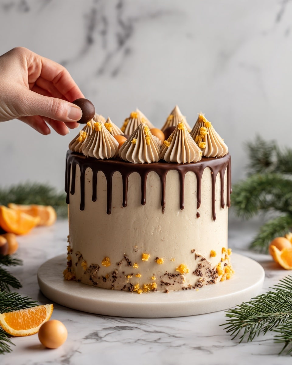 The image shows a tall, round chocolate cake with smooth light brown frosting all around. There is dark chocolate ganache dripping thickly down from the top edge in uneven streams. On top of the cake, there are evenly spaced swirls of light brown frosting, each holding a large piece of chocolate shaped like a leaf or petal standing upright. The top is also decorated with small round orange and yellow candy balls and a sprinkle of crushed yellow crumbs. The cake sits on a white marble board scattered with similar chocolate pieces and candy balls. A woman's hand is gently touching the top left side of the cake. The background includes green pine leaves and blurred details. photo taken with an iphone --ar 4:5 --v 7