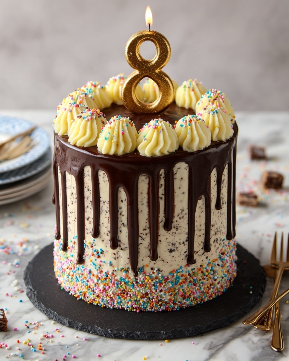 The image shows a tall round cake covered completely in colorful rainbow sprinkles on its sides. The top edge of the cake is decorated with a thick layer of dark chocolate that drips down the sides unevenly. On top of the cake, there is a ring of creamy off-white frosting swirls, each topped with a few sprinkles. In the center of the frosting circle, there is a gold candle shaped like the number 8 with a small flame. The cake sits on a round black tray placed on a white marbled surface, surrounded by some scattered sprinkles, forks, and a pair of white plates with blue and brown patterns. Photo taken with an iphone --ar 4:5 --v 7