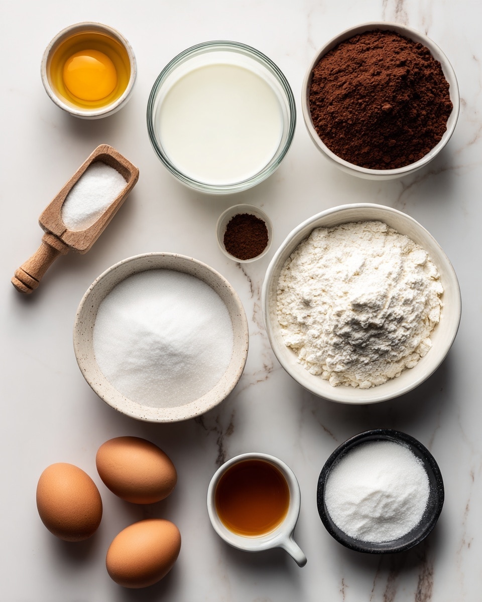 The image shows a flat lay of various baking ingredients arranged neatly on a white marbled surface. There are nine containers and two eggs placed evenly in three rows. Starting from the top left, there is a small white bowl with a golden liquid, next to it a larger transparent bowl filled with white milk, and on the top right, a white bowl with dark brown cocoa powder. Below, from left to right, there is a wooden scoop with white salt, a larger white bowl full of white flour, another white bowl filled with white granulated sugar, and a clear glass mug with water. At the bottom, two brown eggs rest side by side on the left, followed by a small black dish with baking powder, a small white bowl with baking soda, and a tiny white cup with an amber liquid, likely vanilla extract. The lighting is bright and soft, showing the different textures clearly, photo taken with an iphone --ar 4:5 --v 7
