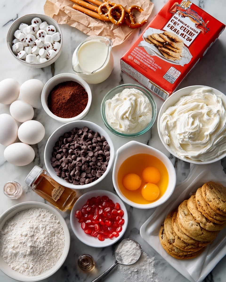 The image shows various baking ingredients laid out on a white marbled surface. At the top left, there is a red box of devil's food cake mix, next to a white bowl of small white candy eyes and a small glass pitcher of white cream. Nearby, a white bowl holds pretzels and two sticks of butter wrapped in paper lie right beside it. Below, a white bowl contains cocoa powder while a small jar with brown vanilla extract is nearby. Five white eggs sit in a white container to the left. In the middle, a white bowl holds white whipped cream with a small brown paper bag of cocoa powder next to it. At the bottom center, a bowl of chocolate chips sits next to a smaller bowl filled with orange liquid. Red candy pieces are in a small white bowl near the stack of golden round cookies in another white bowl at the bottom right. A metal spoon with powder rests near the powdered sugar in another white bowl at the bottom left corner. The photo is taken with an iphone --ar 4:5 --v 7
