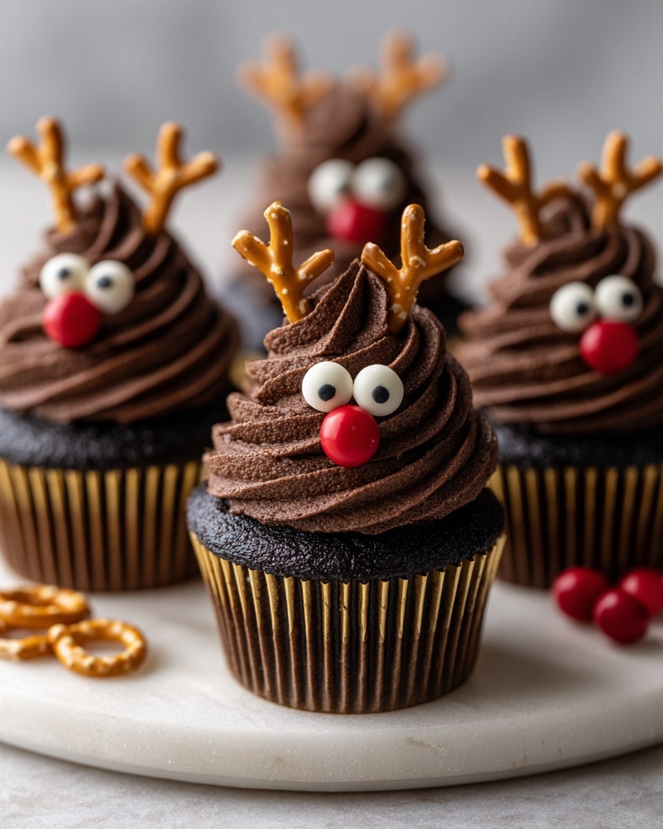 The image shows a close-up of several chocolate cupcakes decorated like reindeer on a white marbled surface. Each cupcake is in a brown liner with a gold rim. On top, there are two layers of smooth, dark chocolate frosting swirled upwards into a peak, creating a textured look. Two small candy eyes are placed near the front of the frosting with a red round candy below for the nose. Small pretzels are inserted on each side of the frosting peak to look like antlers. A loose pretzel and a red candy are scattered on the white marbled surface around the cupcakes. Photo taken with an iphone --ar 4:5 --v 7
