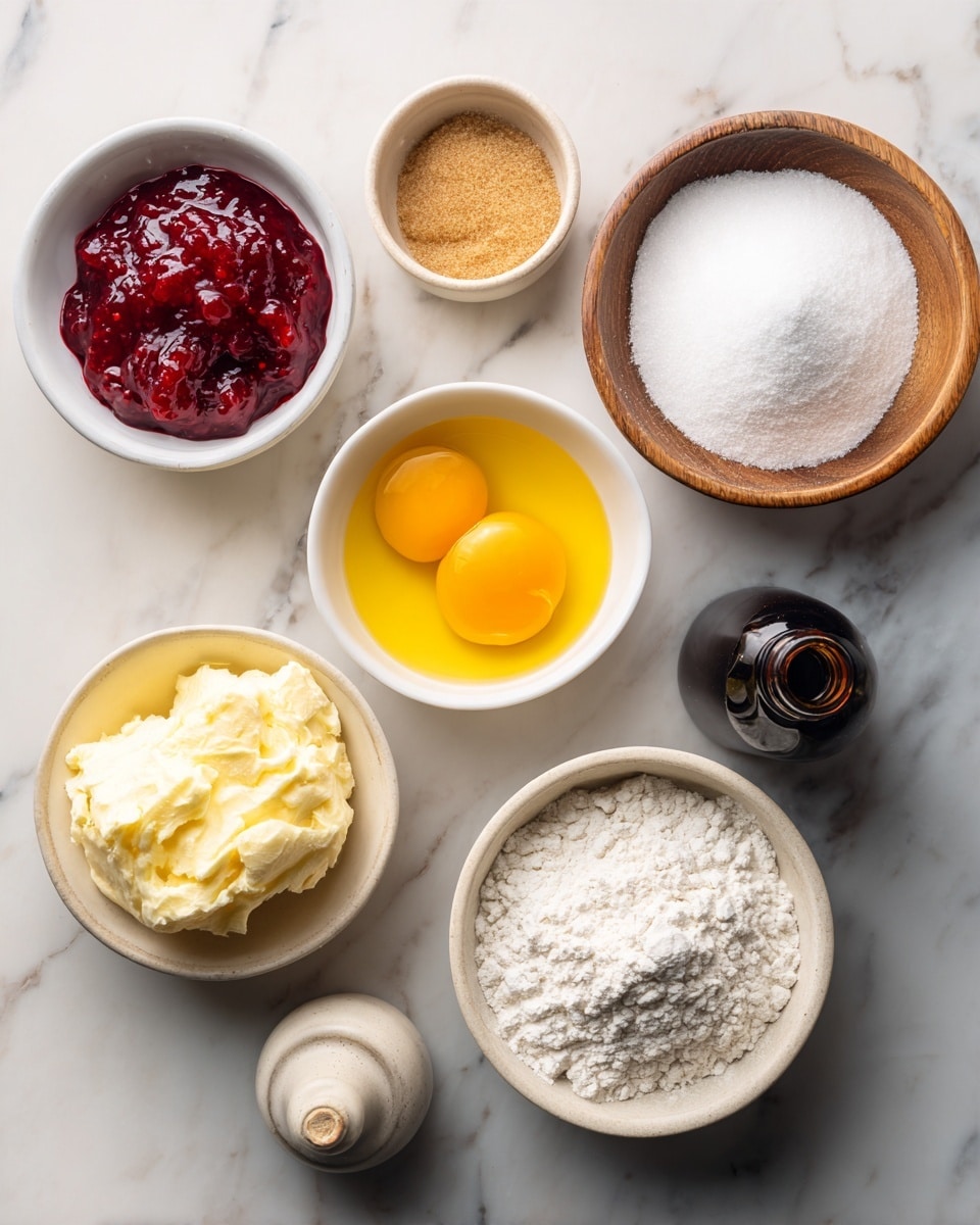 The image shows six small bowls arranged on a white marbled surface, each filled with different baking ingredients. At the top left, there is a white bowl with bright red raspberry jam next to a small amount of brown sugar. To its right is a wooden bowl filled with white sugar. Below the jam, a white bowl holds a bright yellow egg yolk. In the center, a white bowl contains a large amount of soft, pale yellow butter. To the bottom left, a tiny beige bowl has a small amount of salt, and next to it lies a dark brown bottle labeled vanilla. On the right side, a white bowl is filled with white flour, slightly mounded. photo taken with an iphone --ar 4:5 --v 7