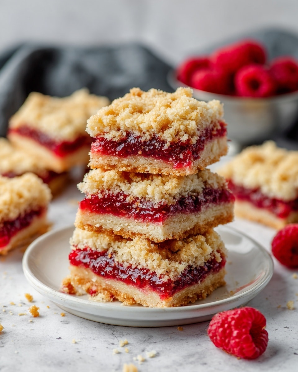 The image shows a stack of crumb bars on a white plate with a white marbled surface underneath. Each bar has three clear layers: the bottom layer is a light tan crust that looks firm, the middle layer is a bright red raspberry filling with a slightly juicy texture, and the top layer is a crumbly golden brown streusel. Some bars lie flat around the stack, while one is leaning against it, showing all layers clearly. In the background, a small gold bowl filled with fresh red raspberries sits on a dark cloth, adding contrast. The overall look is inviting with textured crumbs and rich red filling. photo taken with an iphone --ar 4:5 --v 7