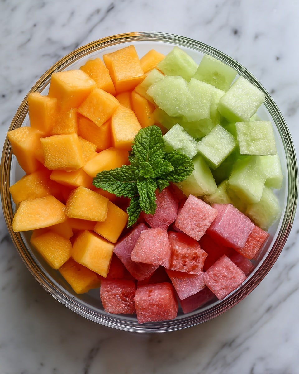 A clear bowl filled with four types of diced fruit arranged in sections: bright orange cantaloupe on the left front, deep orange mango on the left back, light green honeydew on the right back, and pink watermelon on the right front. Each fruit piece is cube-shaped with a fresh texture. A small green mint leaf bunch is placed in the center on top of the fruit. The bowl sits on a white marbled surface. Photo taken with an iphone --ar 4:5 --v 7