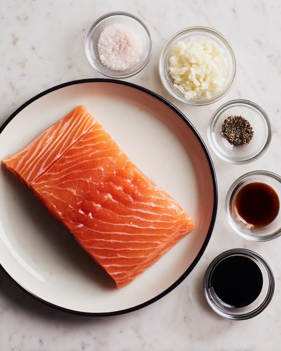 A piece of raw salmon fillet with a smooth, bright orange color and visible lines of lighter fat sits centered on a white round plate with a thin black rim. To the right of the plate, there are five small, clear glass bowls arranged in two rows on a white marbled surface. The top row has three bowls, containing finely chopped white garlic, coarse black pepper, and light beige granulated sugar. The bottom row has two small measuring cups filled with dark soy sauce and a darker brown liquid, possibly vinegar or another sauce. The whole setup looks clean and neat. photo taken with an iphone --ar 4:5 --v 7
