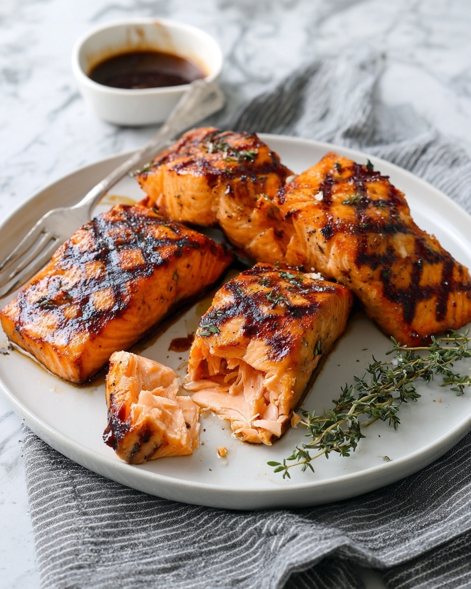 The image shows four pieces of grilled salmon on a white round plate, each piece marked with dark grill lines. The salmon pieces are orange with a slightly charred texture on top and appear moist inside. One piece is broken open to show the pink, soft inside. A small green sprig of thyme rests on the plate near the salmon. The plate sits on a folded dark gray and white striped cloth over a white marbled surface. A white fork lies on the plate, and a small white bowl with dark sauce is in the background. Photo taken with an iphone --ar 4:5 --v 7