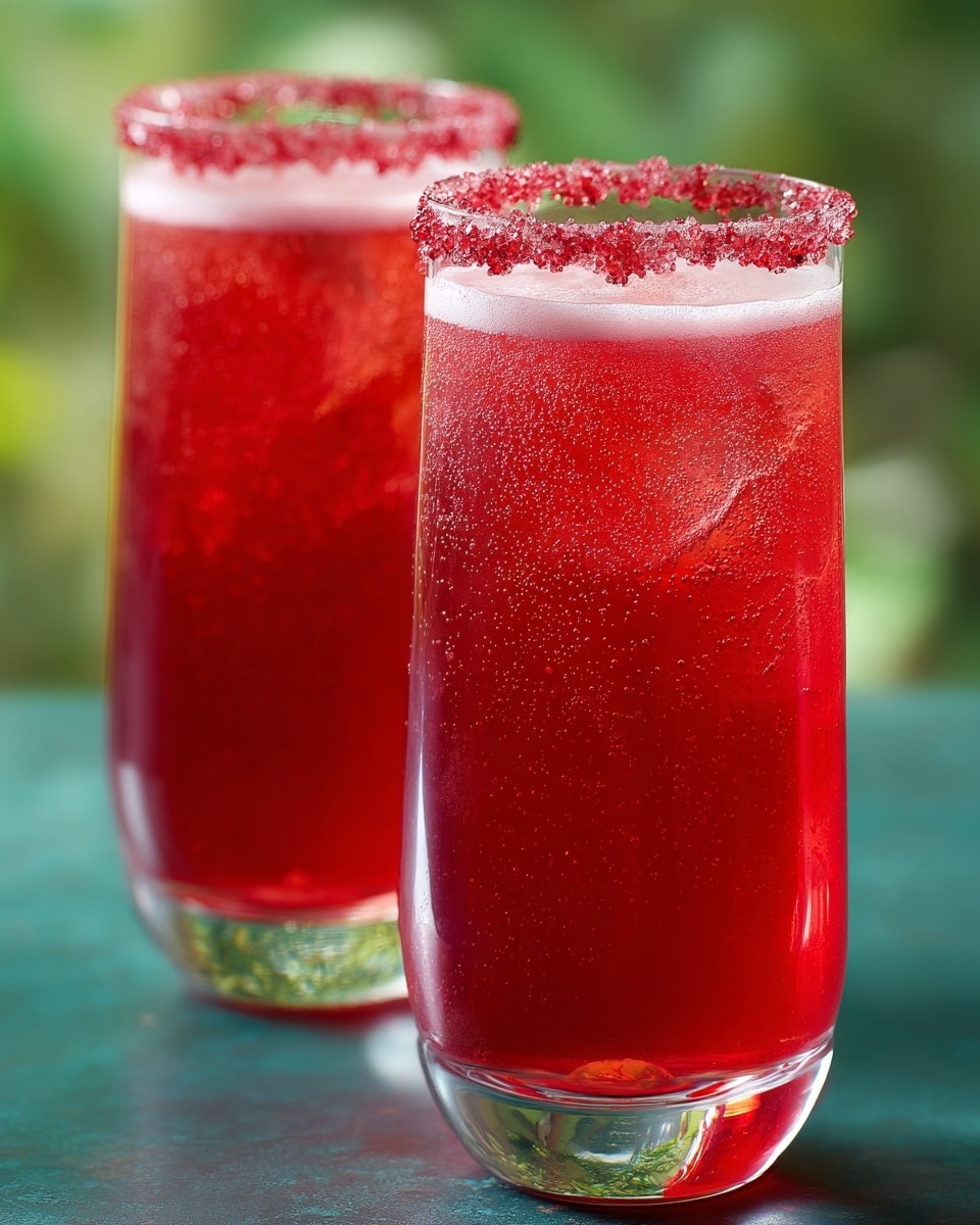 Two tall clear glasses, each filled with a bright orange-red drink that has a smooth texture. On top of the drink is a light white foam layer. The rim of each glass is covered with a rough red sugar or spice coating that adds bright color and texture. The background is soft green, making the colors of the drink stand out clearly. photo taken with an iphone --ar 4:5 --v 7