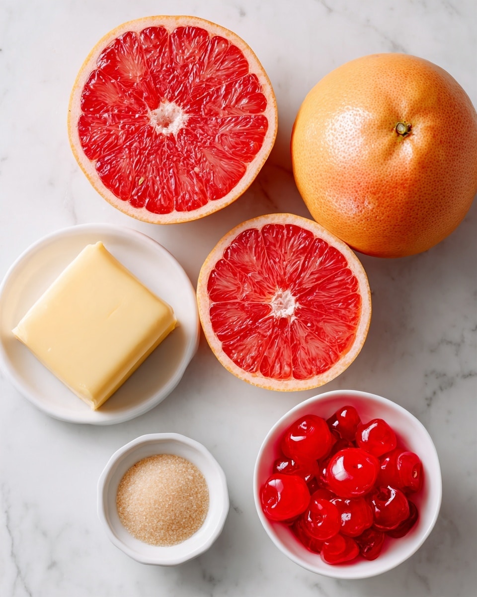 The image shows one whole grapefruit and two grapefruit halves with a bright pinkish-red inside and a pale orange peel set on a white marbled surface. Next to the grapefruit is a stick of pale yellow unsalted butter, a small white bowl filled with light brown sugar, and a small white bowl holding bright red maraschino cherries with shiny red juice. The items are spaced out neatly against the clean white marbled background. Photo taken with an iphone --ar 4:5 --v 7