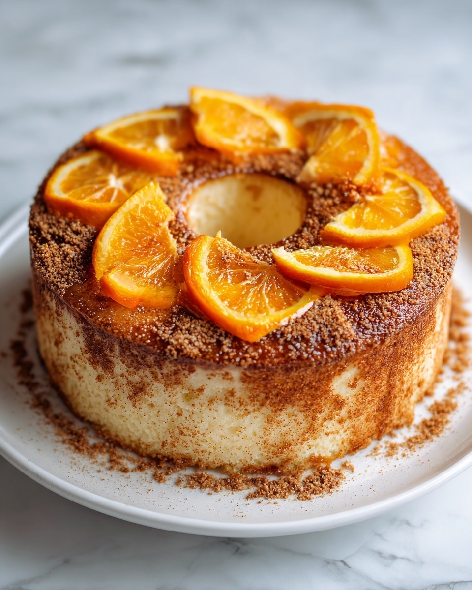 A round cake sits on a white plate, with a single thick layer showing a shiny, amber-colored glaze on top. The glaze has a shiny red-brown syrup mixed with dark brown sprinkle spots, covering most of the cake’s top surface. The cake is sliced into eight even pieces, revealing a soft, light yellow interior with a moist texture. The whole setup is placed on a white marbled surface. Photo taken with an iphone --ar 4:5 --v 7