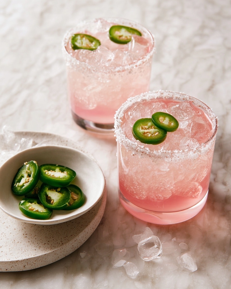 Two white round glasses filled with pink drink and ice cubes are placed on a white marbled surface. Each glass has a thick layer of coarse salt around the rim and a single green jalapeño slice floating on top. To the left of the glasses, there is a small white dish holding four green jalapeño slices. The lighting is bright and natural, showing a clear view of the drink's texture and colors. photo taken with an iphone --ar 4:5 --v 7