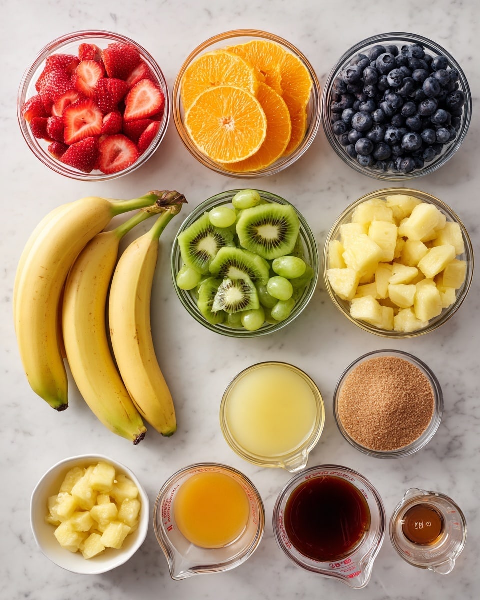 The image shows a white marbled surface with several transparent bowls and cups neatly arranged in rows. The top row has bowls filled with bright red sliced strawberries, yellow orange slices, green grapes, and dark blue blueberries from left to right. The middle row contains bunch of three yellow ripe bananas on the left, a bowl of pale yellow pineapple chunks next to it, followed by a bowl of green sliced kiwis. The bottom row shows three small glass bowls with different contents: bright orange zest, pale yellow zest, and dark brown liquid, along with two small measuring cups, one filled with light orange juice and the other with light yellow juice. To the far right is a small bowl filled with light brown sugar. All the bowls and cups sit on the white marbled texture background. photo taken with an iphone --ar 4:5 --v 7