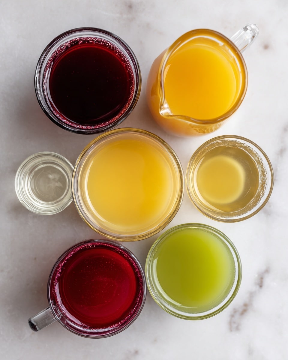 The image shows six clear containers of different juices placed on a white marbled surface. At the top, a glass bowl holds dark red cherry juice. To the right is a small clear glass pitcher filled with yellow pineapple juice. Below the cherry juice bowl on the left is a larger clear glass bowl containing clear ginger ale. Next to it on the right, a white bowl with smooth yellow-orange orange juice fills the space. Below these, a clear glass mug filled with dark red cranberry juice is placed on the left, and next to it on the right, a small clear glass bowl holds light green lime juice. Each container’s liquid is smooth with no bubbles, and all are spaced evenly. photo taken with an iphone --ar 4:5 --v 7