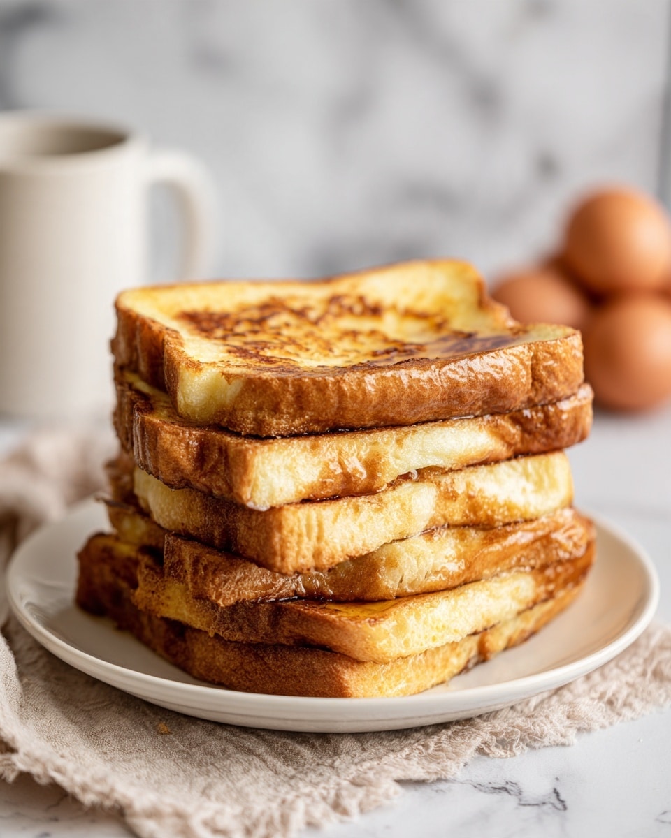 A stack of six thick, square slices of golden brown French toast are piled neatly on a round white plate. Each slice shows a crispy, slightly darker crust on the edges, while the center looks soft with a light, warm beige color and some uneven, moist texture. The stack sits on a folded light beige cloth, all placed on a white marbled surface. In the blurry background, two whole brown eggs and part of a white mug are visible, adding a cozy breakfast feel. photo taken with an iphone --ar 4:5 --v 7