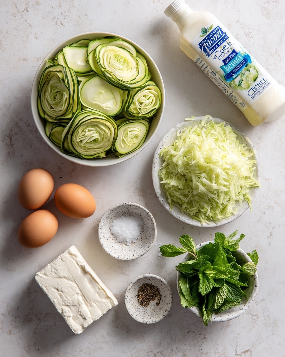 The image shows ingredients neatly arranged on a white marbled surface. There is a white bowl with two kinds of zucchini: one side has round green and pale green sliced zucchini stacked in layers, overlapping like flower petals, while the other side holds light green grated zucchini with a soft, shredded texture. Nearby, there is a sealed block of Greek-style white feta cheese in packaging. Four brown eggs are laid together in a small group. A white bottle with a blue label marked