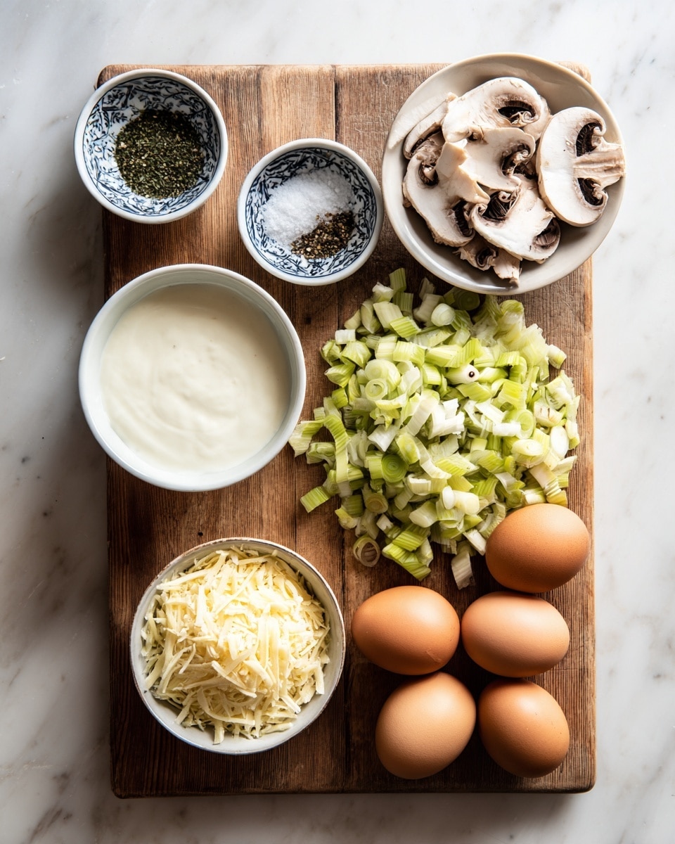 The image shows a wooden cutting board on a white marbled surface, holding various ingredients for cooking. On the top left is a white bowl with blue patterns filled with different seasonings: salt, black pepper, and green herbs. Below it, a smaller white bowl with dark blue lines contains minced garlic. Next to it, a large bowl of white cream is placed on the left side. In the center is a pile of chopped light green leek pieces. Above the leek are several slices of fresh white mushrooms with brown gills. On the right, there are four whole brown eggs resting on the board. Lastly, a medium white bowl with a blue pattern on the edge holds finely grated pale yellow cheese. The composition is neat and arranged clearly for easy viewing. Photo taken with an iphone --ar 4:5 --v 7