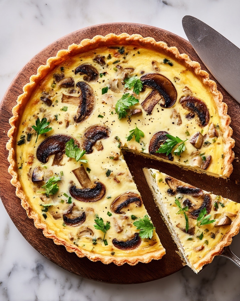 A round savory pie with a golden, flaky crust that has scalloped edges sits on a round wooden board. The pie is sliced into six pieces, with three pieces slightly separated from the rest on a silver spatula. The filling has a creamy, light yellow base covered with browned melted cheese. Thick slices of dark brown mushrooms and small green leafy parsley pieces are evenly spread on top. There are also small bits of green and white vegetables mixed into the filling. The whole scene is set on a white marbled surface. photo taken with an iphone --ar 4:5 --v 7