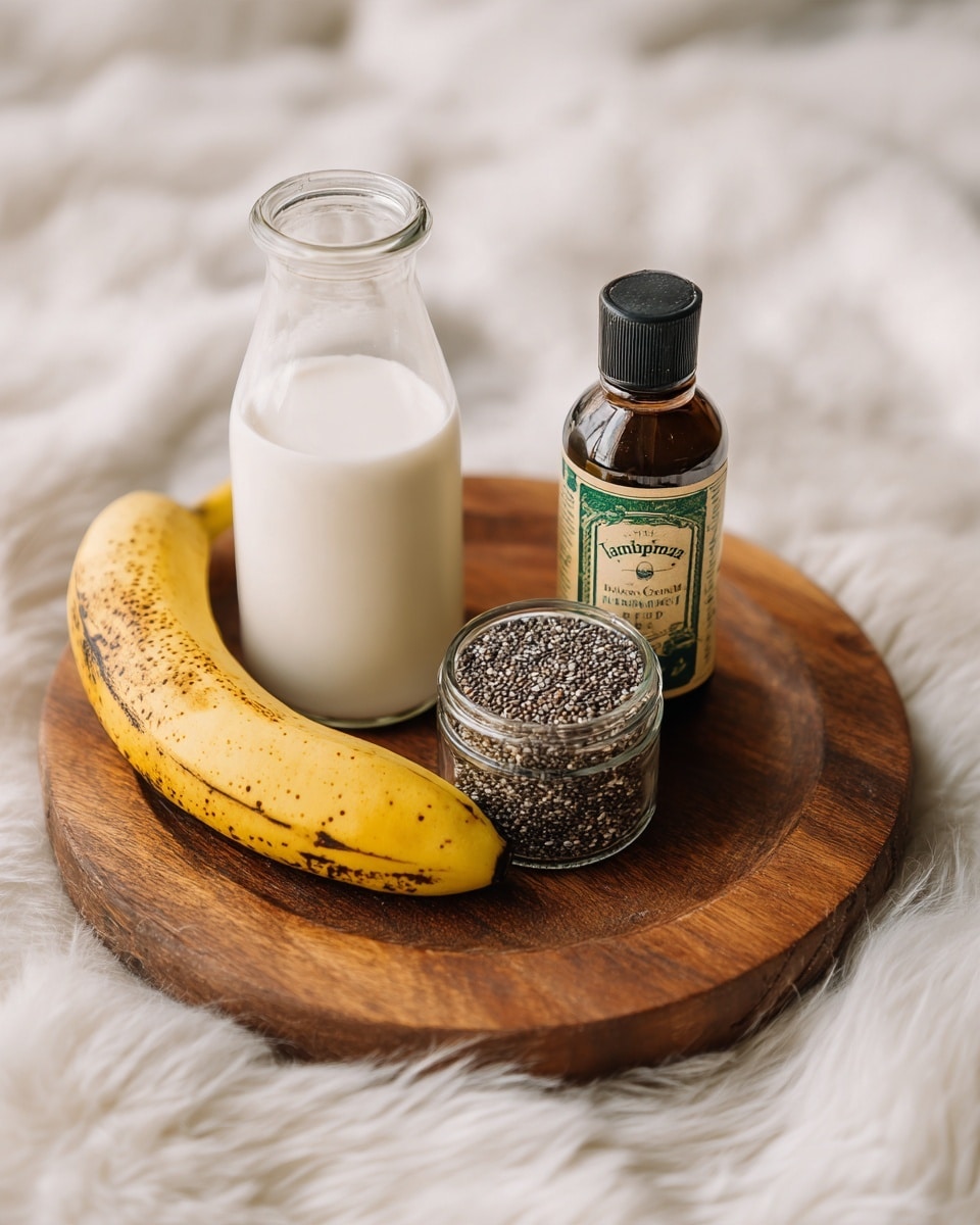 A round wooden board holds four items: a clear bottle filled with white milk positioned to the left, a small glass jar full of black and white chia seeds in front, a ripe yellow banana with brown spots leaning slightly to the right, and a brown bottle of vanilla extract with a green label and black cap on the right side. The background is a white marbled texture with soft, fluffy white clouds of fabric in the back. photo taken with an iphone --ar 4:5 --v 7