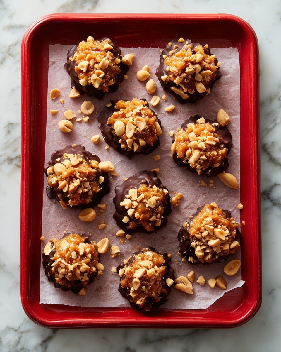 The image shows a red tray lined with light pink parchment paper holding about a dozen small snack clusters. Each cluster has a base layer of dark caramel-colored sticky candy, topped with a smooth layer of shiny dark chocolate, and sprinkled with roughly chopped golden peanuts and a tiny bit of white sea salt flakes scattered on top. The clusters are unevenly shaped, spaced in rows but not perfectly aligned, with some peanut pieces scattered around on the parchment paper. The background surface is a white marbled texture photo taken with an iphone --ar 4:5 --v 7