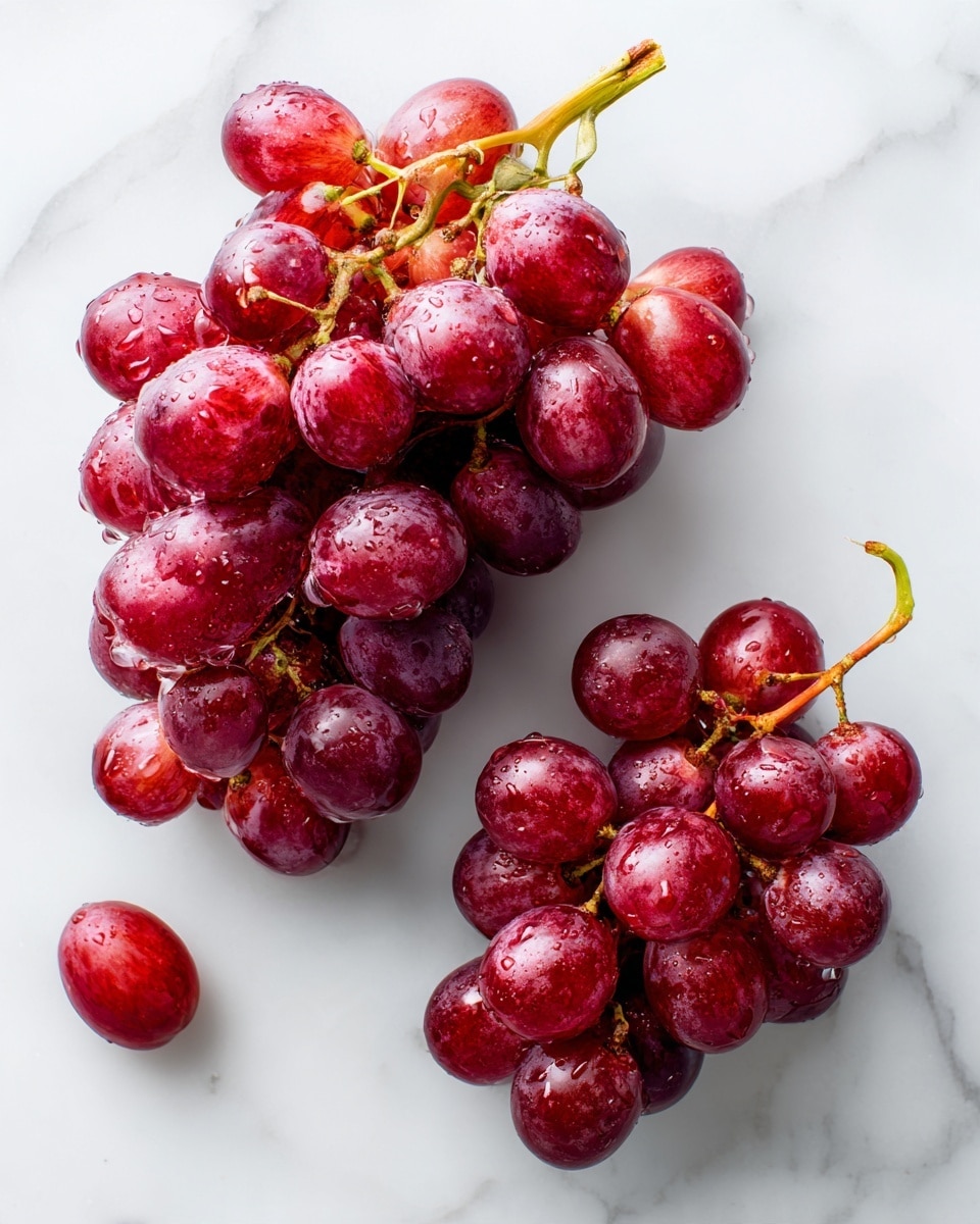 Two bunches of red grapes lie on a white marbled textured surface. The larger bunch on the left is upright with a greenish-yellow stem, and the grapes are tightly packed, round, and shiny with a deep red color and a few water droplets visible. The smaller bunch on the right is placed diagonally with fewer grapes, showing similar round shapes and red hues. A single grape has rolled off near the bottom left. photo taken with an iphone --ar 4:5 --v 7