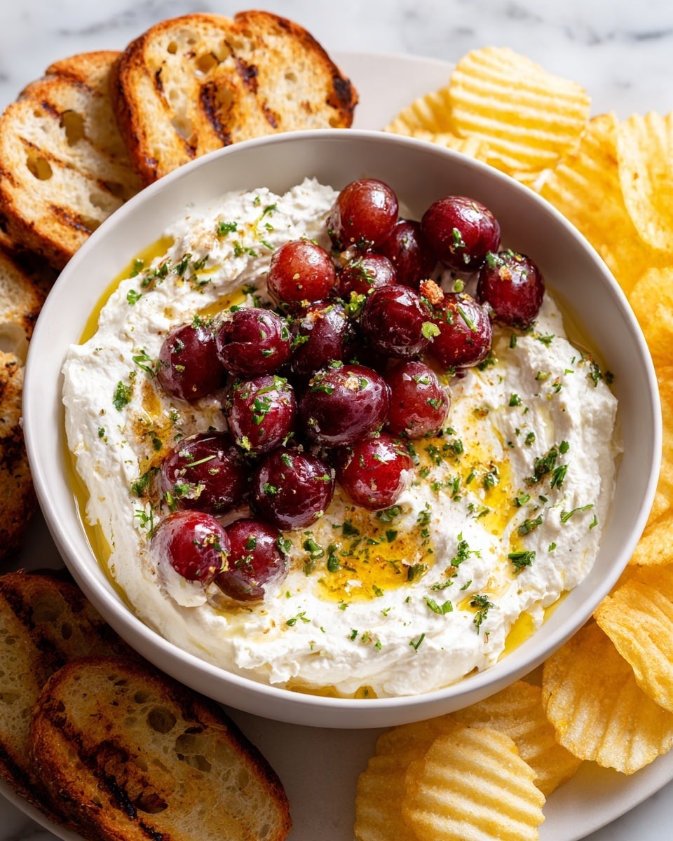 A white bowl filled with a creamy white cheese spread mixed with green herbs, topped with a cluster of shiny red grapes resting on one side and sprinkled with chopped green chives and a drizzle of golden olive oil, with some caramelized browned onion pieces scattered on the surface. The bowl is placed on a wooden board on top of a zigzag-edged beige cloth. Surrounding the bowl are crispy, golden toasted white bread slices on the right side, dark brown round crackers on the bottom right, and wavy potato chips on the top left, all set on a white marbled surface. Photo taken with an iphone --ar 4:5 --v 7