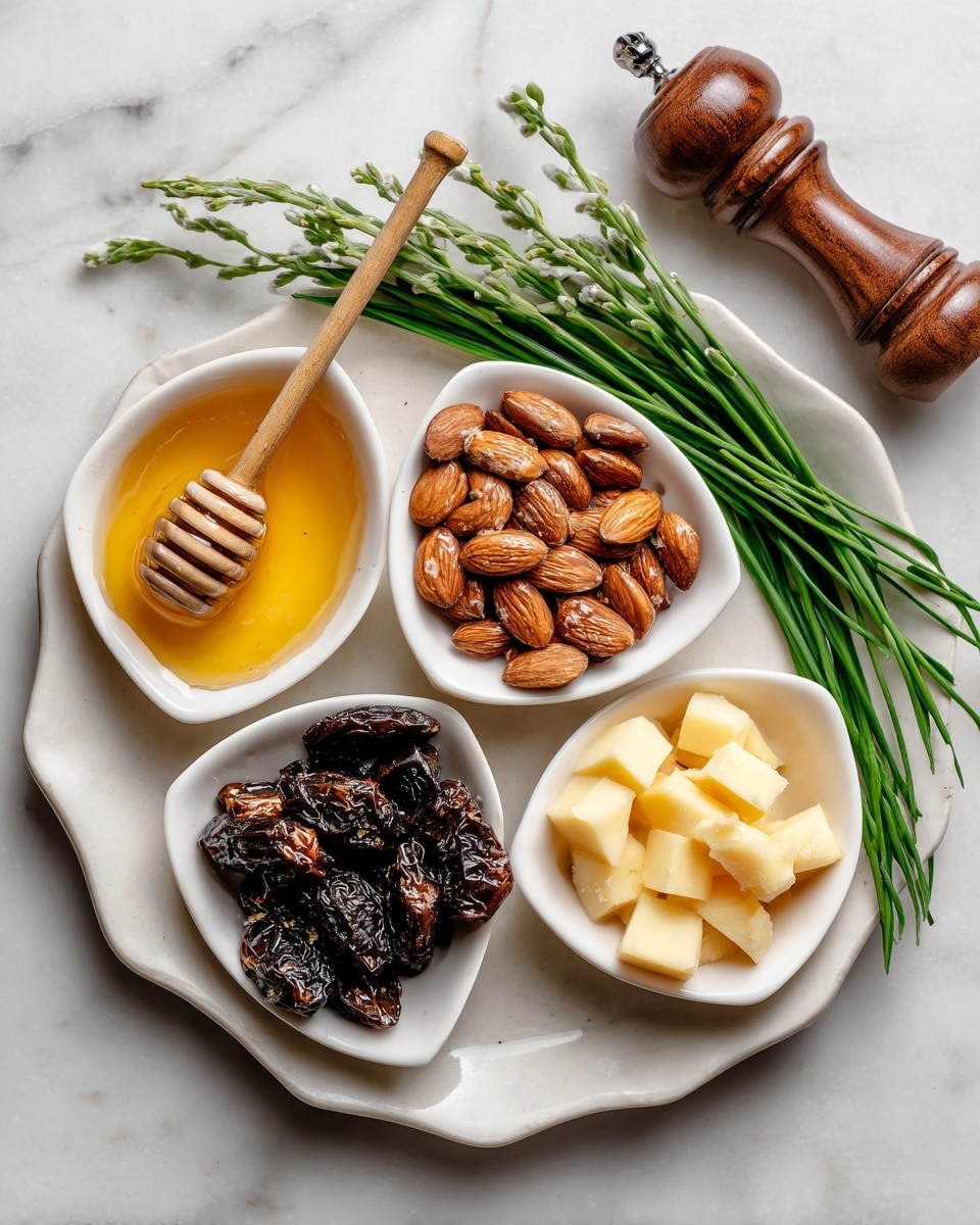 The image shows a white scalloped plate with four small white bowls on a white marbled surface. The top left bowl contains golden honey with a golden honey dipper resting across it, and a few strands of fresh green chives lay behind it. The bottom left bowl is filled with roasted almonds coated in a light seasoning. The central bowl holds dark, wrinkled dried prunes. The top right bowl contains pale yellow chunks of cheese. To the right of the plate, there is a wooden pepper grinder. The photo taken with an iphone --ar 4:5 --v 7