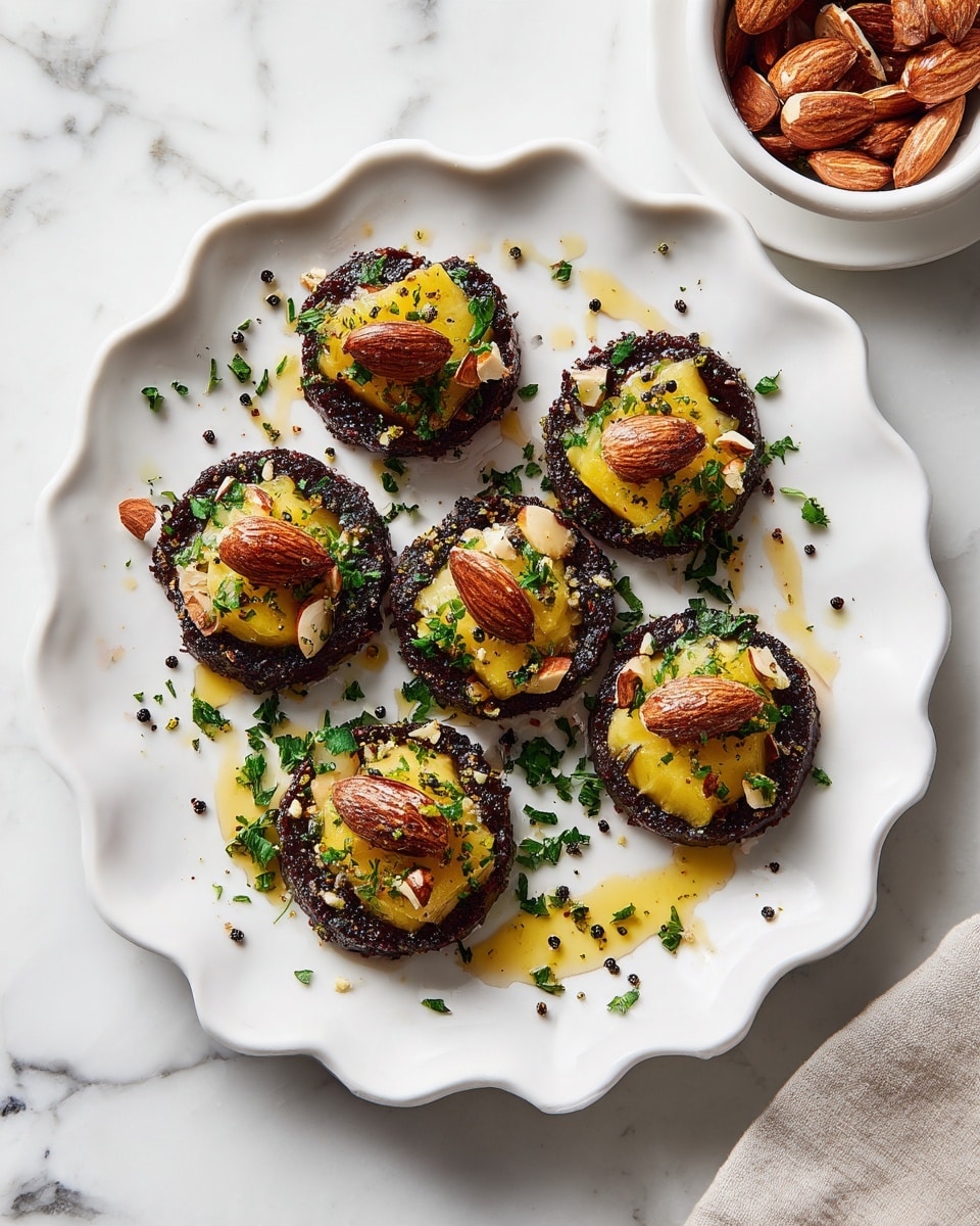 The dish shows seven small dark brown round bases topped with three layers: first a bright yellow slice in a triangular shape, second a few whole toasted almonds coated in a light brown powder, and lastly small green herb pieces scattered on top and around. The round bases sit spaced out on a white plate with scalloped edges and a slightly speckled texture. There are golden honey-like drops and drizzles scattered across the plate, adding a shiny texture. The white marbled surface under the plate is visible on the right, where a small white bowl filled with the same toasted almonds is placed. photo taken with an iphone --ar 4:5 --v 7