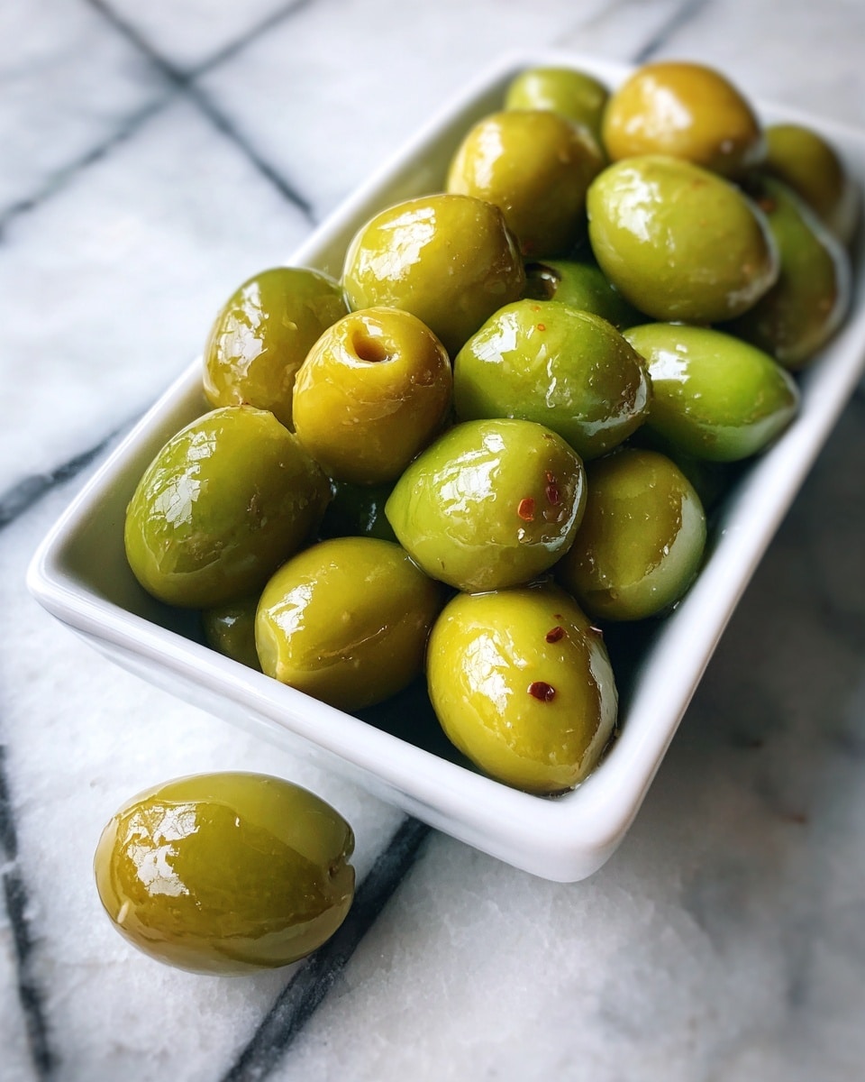 A white rectangular bowl filled with many shiny green olives, some with small holes showing they are pitted. One olive lies outside the bowl on a white marbled surface with black grid lines. The olives have a smooth, wet texture and are piled up evenly in the bowl, showing different shades of green under soft lighting. photo taken with an iphone --ar 4:5 --v 7