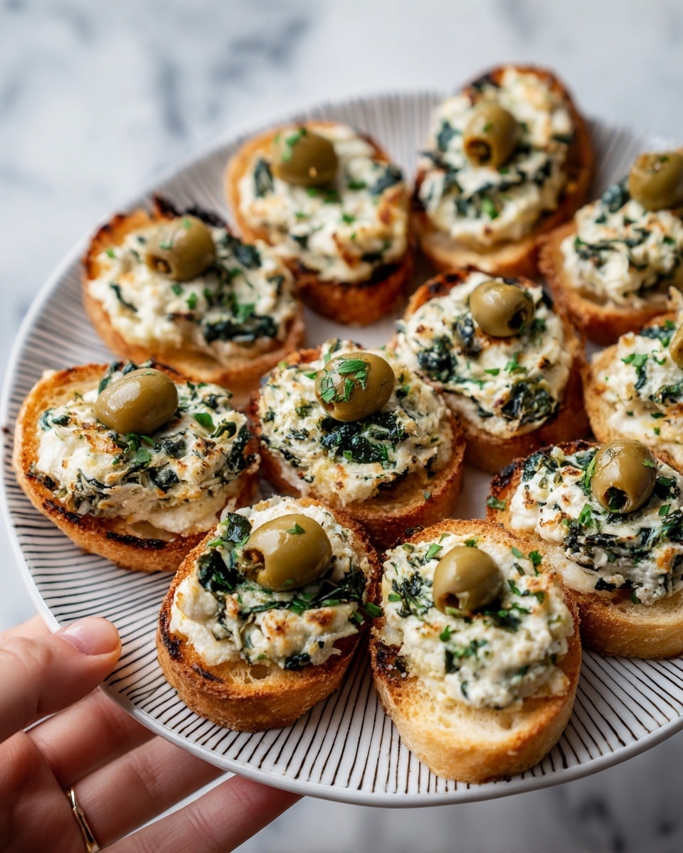 A white plate holds many slices of toasted bread, each topped with a creamy, green and white spinach mixture. On top of the creamy layer, there are whole and sliced green olives placed on each bread piece. Small bits of green herbs are sprinkled over the creamy topping. A woman's hand is holding the edge of the plate, which is set on a white marbled surface. The toasted bread has a golden brown crust, adding contrast to the light creamy topping. photo taken with an iphone --ar 4:5 --v 7