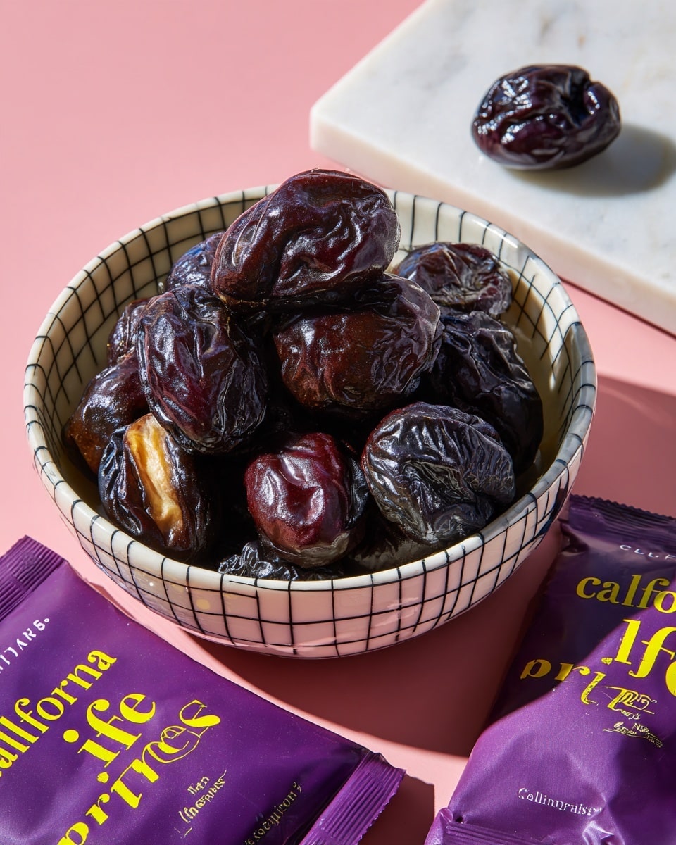 A white bowl with a black checkered rim is filled with shiny, dark wrinkled prunes, each appearing soft and plump, stacking closely inside the bowl. One prune sits alone on a white marbled surface in the top right corner of the image. Below the bowl, there are two deep purple packages labeled with yellow text reading