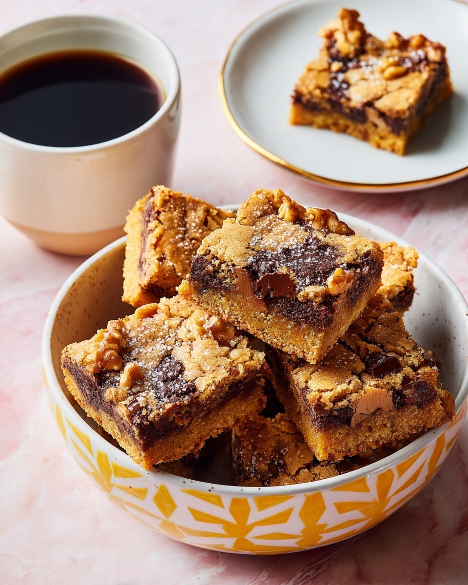 A stack of square blondie bars with dark chocolate chunks and walnut pieces on top sits inside a white bowl with a yellow sunburst pattern, placed on a white marbled surface. The blondie bars have a golden brown color with darker chocolate and nuts scattered unevenly across the top layer, and a visible soft, dense texture. Some sea salt flakes are sprinkled over the bars, adding a white contrast. In the bottom right corner, a white plate with a thin gold rim holds a single blondie square and crumbs. Next to it is a white mug filled with black coffee, visible only at the rim and top layer. The whole scene is warmly lit by natural light. photo taken with an iphone --ar 4:5 --v 7