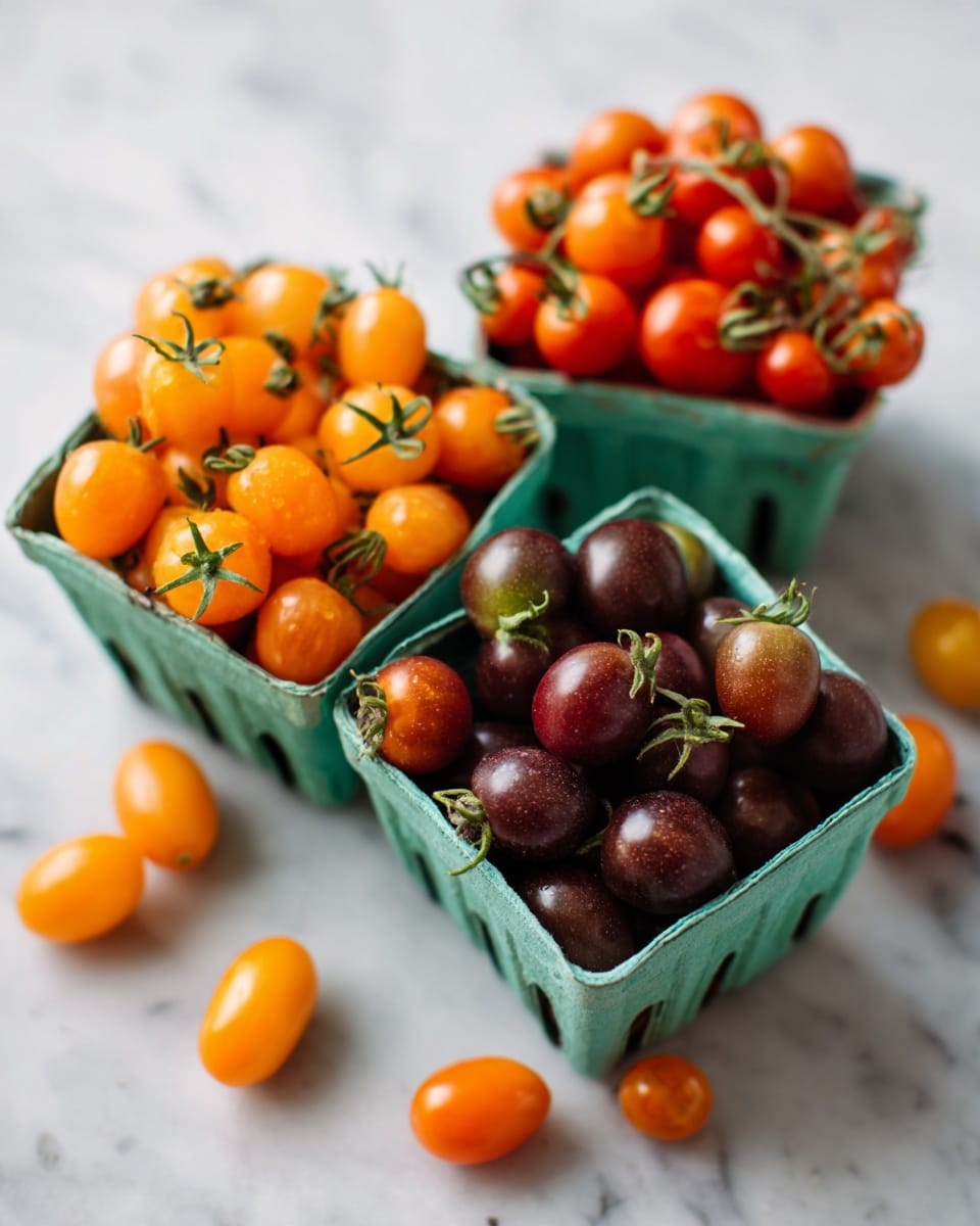 The image shows three small green baskets filled with different colors of cherry tomatoes, placed on a white marbled surface. The top basket is full of bright orange cherry tomatoes with soft green stems. The left basket holds vibrant red cherry tomatoes with similar soft green stems. The bottom basket contains cherry tomatoes in dark purple and brown shades with green stems, creating a rich contrast. Scattered around the baskets are a few loose cherry tomatoes in orange and red, adding to the natural, fresh look. Photo taken with an iphone --ar 4:5 --v 7