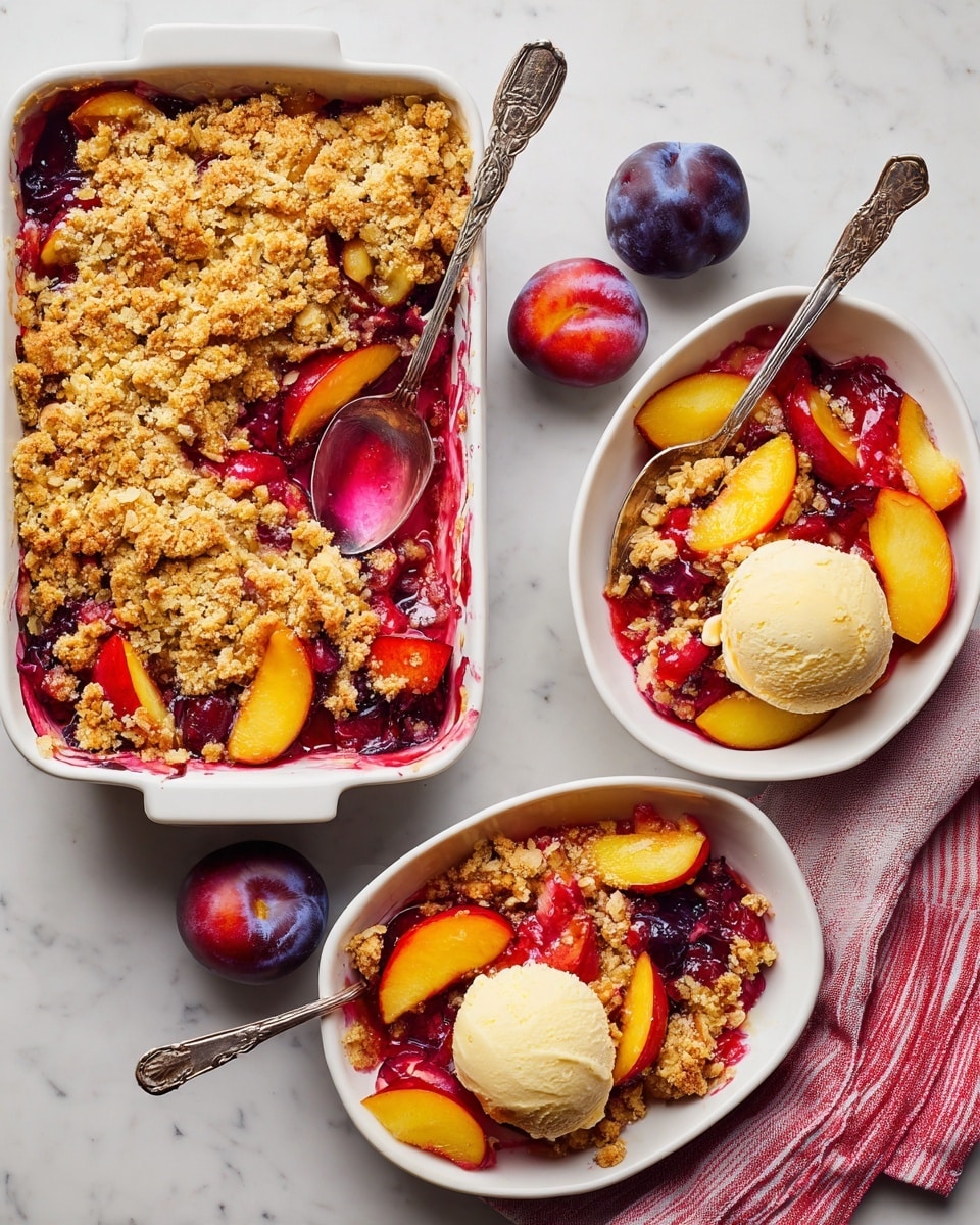 The image shows a fruit crumble dessert served in two white bowls and a white baking dish on a white marbled surface. Each bowl contains a mix of sliced plums and peaches in deep red, orange, and yellow colors, topped with a golden brown crunchy oat crumble. One bowl has a scoop of creamy white ice cream on top, and both bowls have ornate silver spoons placed inside. The white baking dish is filled with the same fruit crumble, showing a thick layer of browned, crumbly oat topping with juicy fruit pieces peeking out. Around the dishes, there are three whole plums in purple, red, and yellow colors placed on the white marbled surface. A woman's hand holds the spoon in one of the bowls. A red and white striped towel is partly visible at the bottom right corner. photo taken with an iphone --ar 4:5 --v 7