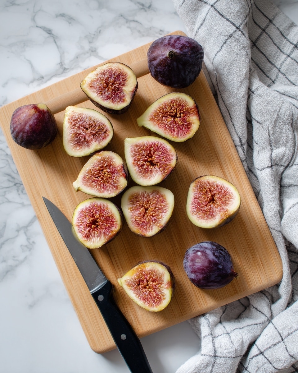 The image shows many halved figs placed on a light wooden cutting board, each fig revealing a soft, pinkish-orange inner flesh with tiny seeds and a dark purple skin. Two whole figs remain on the board, one near the bottom right and the other near the middle right. A knife with a black handle lies diagonally across the bottom left corner of the cutting board. The cutting board rests on a white marbled surface with parts of a grey and white checkered cloth visible on the right side. Photo taken with an iphone --ar 4:5 --v 7