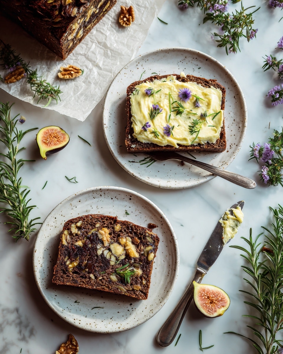 The image shows two slices of brown fig and walnut bread on white plates with a marble pattern, placed on a white marbled surface. One slice is plain with visible dark purple fig pieces and walnut chunks on top, and the other slice has a thick creamy yellow spread with green herb bits and small purple flowers on it. A knife with some of the yellow spread on its tip lies across the plates. Around the plates, fresh whole figs, sprigs of green rosemary with purple blossoms, and a bowl of the creamy spread are arranged, all on a white marbled surface. photo taken with an iphone --ar 4:5 --v 7