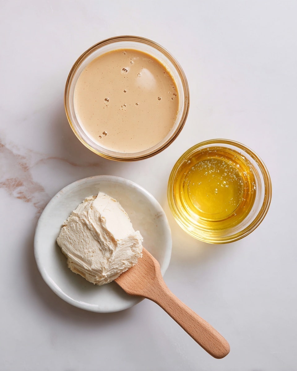 The image shows three glass bowls and a wooden spatula on a white marbled surface. The largest glass bowl at the top center contains a light brown, smooth creamy mixture with small bubbles. To the right, a smaller glass bowl holds a clear, golden-yellow liquid with tiny bubbles inside. At the bottom left, a white plate holds a wooden spatula covered in a thick, off-white whipped cream-like substance with a textured, slightly rough surface. The spatula lies diagonally across the plate, with the handle extending out. photo taken with an iphone --ar 4:5 --v 7