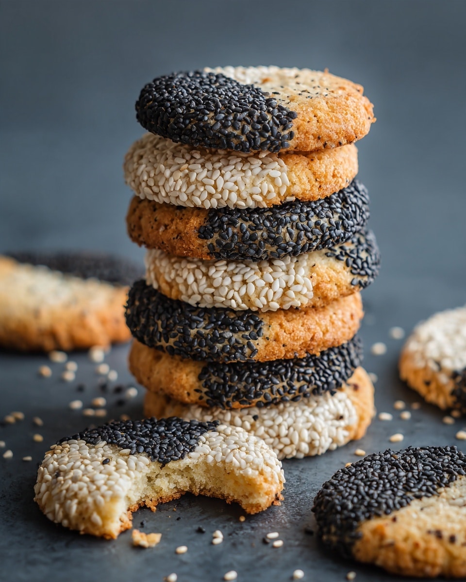 A stack of seven round cookies stands in the center, each cookie showing half white sesame seeds on one side and half black sesame seeds on the other, creating a spotted look. The cookies have a light golden brown color and a slightly rough texture from the seeds. Around the main stack, there are more cookies lying flat on a dark surface, some closer to the front and others blurred in the back. One cookie in the front right corner has a small bite taken out of it. The background is dark and soft-focused, making the cookies the clear focus. photo taken with an iphone --ar 4:5 --v 7