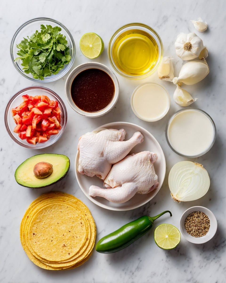 The image shows an overhead view of separate ingredients arranged neatly on a white marbled surface. At the center bottom is a white bowl with two raw, pale pink chicken pieces. To the left of the chicken, there's a small white bowl of fresh green cilantro leaves and above it a clear glass container with light yellow neutral oil. Beside the oil, half a ripe avocado with green skin and light green flesh is placed. In the top left, a clear bowl holds bright red diced tomatoes. Next to it, a smaller bowl contains dark red chipotle in adobo sauce. Beside the chipotle, three stacked yellow corn tortillas sit on the marble surface. On the far right, a half onion with white layers and yellow skin, and three white garlic cloves rest near each other. Close to this are two wedges of bright green fresh lime, a single fresh jalapeño pepper, and a small white bowl with smooth white sour cream. A large clear cup filled with pale golden chicken stock is near the bottom right. Lastly, a small white bowl contains a mix of brown cumin and coriander spices with some white salt. photo taken with an iphone --ar 4:5 --v 7