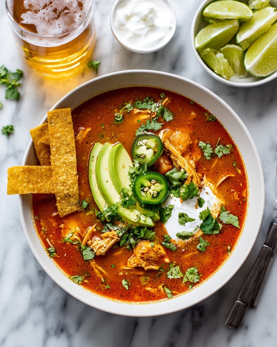 A white bowl filled with orange soup, showing a smooth broth with visible shredded light-colored chicken pieces inside. On the surface, there are green jalapeño slices, fresh cilantro leaves, and three slices of fresh avocado with a light green shade. A small pile of long, thin, crispy golden tortilla strips sits on one side of the bowl, partially resting in the soup. Next to the bowl is a small white dish with sour cream and a lime wedge. A glass of light amber beer with white foam on top is placed in the background, all set on a white marbled surface. photo taken with an iphone --ar 4:5 --v 7