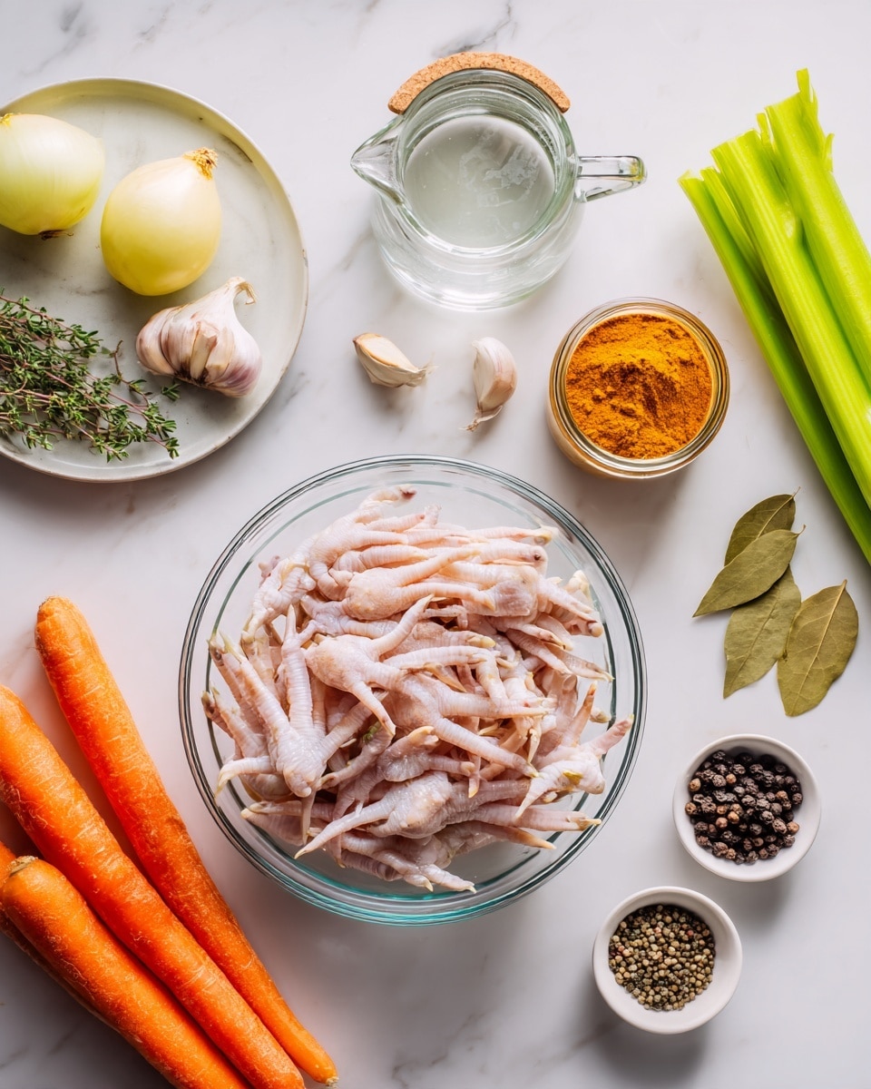A clear glass bowl filled with pale pink chicken feet sits in the center on a white marbled surface. To the left, there is a white plate holding half of a yellow onion, several garlic cloves, and a small bunch of green thyme sprigs. Above the bowl, a clear measuring jug with water and a round wooden lid are placed. Next to the jug is a glass jar with orange-red turmeric powder. To the right, a small white plate holds black peppercorns, coriander seeds, and bay leaves. A bright green celery stalk is placed vertically next to two long orange carrots with a rough texture. The scene is well-lit and arranged neatly, photo taken with an iphone --ar 4:5 --v 7