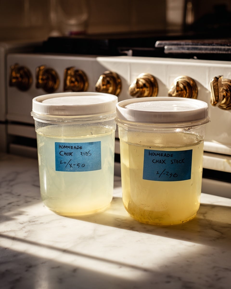 Two clear plastic containers filled with light golden chicken stock sit side by side on a white marbled surface, glowing softly in natural sunlight. Each container is topped with a snug, clear plastic lid that shows condensation inside. Blue tape labels with handwritten black text identify the contents as