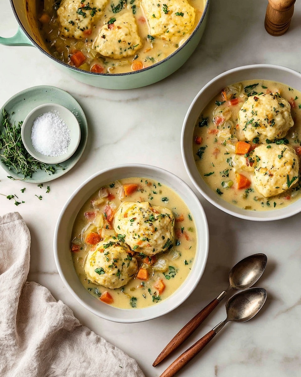 Two white bowls sit on a white marbled surface, each holding a creamy stew with two large pale yellow dumplings on top. The stew has visible small pieces of diced orange carrots and green herbs, giving a soft texture and color contrast. To the left, a light green pot contains more stew and dumplings. Above the bowls, a bunch of green herbs lies next to a small bowl of white salt and a wooden pepper grinder. Two spoons with wooden handles rest on the surface beside a light beige cloth napkin. Photo taken with an iphone --ar 4:5 --v 7