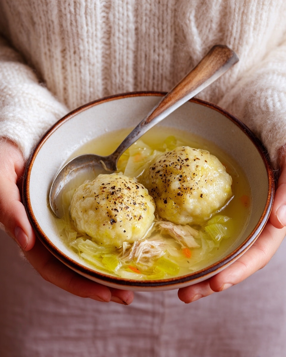 A woman’s hand holds a white bowl filled with two large, soft dumplings in a light, clear broth with small bits of orange and green vegetables and pieces of light brown chicken. The dumplings are pale yellow with a slightly rough texture and are sprinkled with black pepper on top. A wooden-handled spoon rests inside the bowl, leaning on the edge. The person is wearing a chunky white knitted sweater, and the background is a plain soft light color. The scene is warm and cozy. photo taken with an iphone --ar 4:5 --v 7
