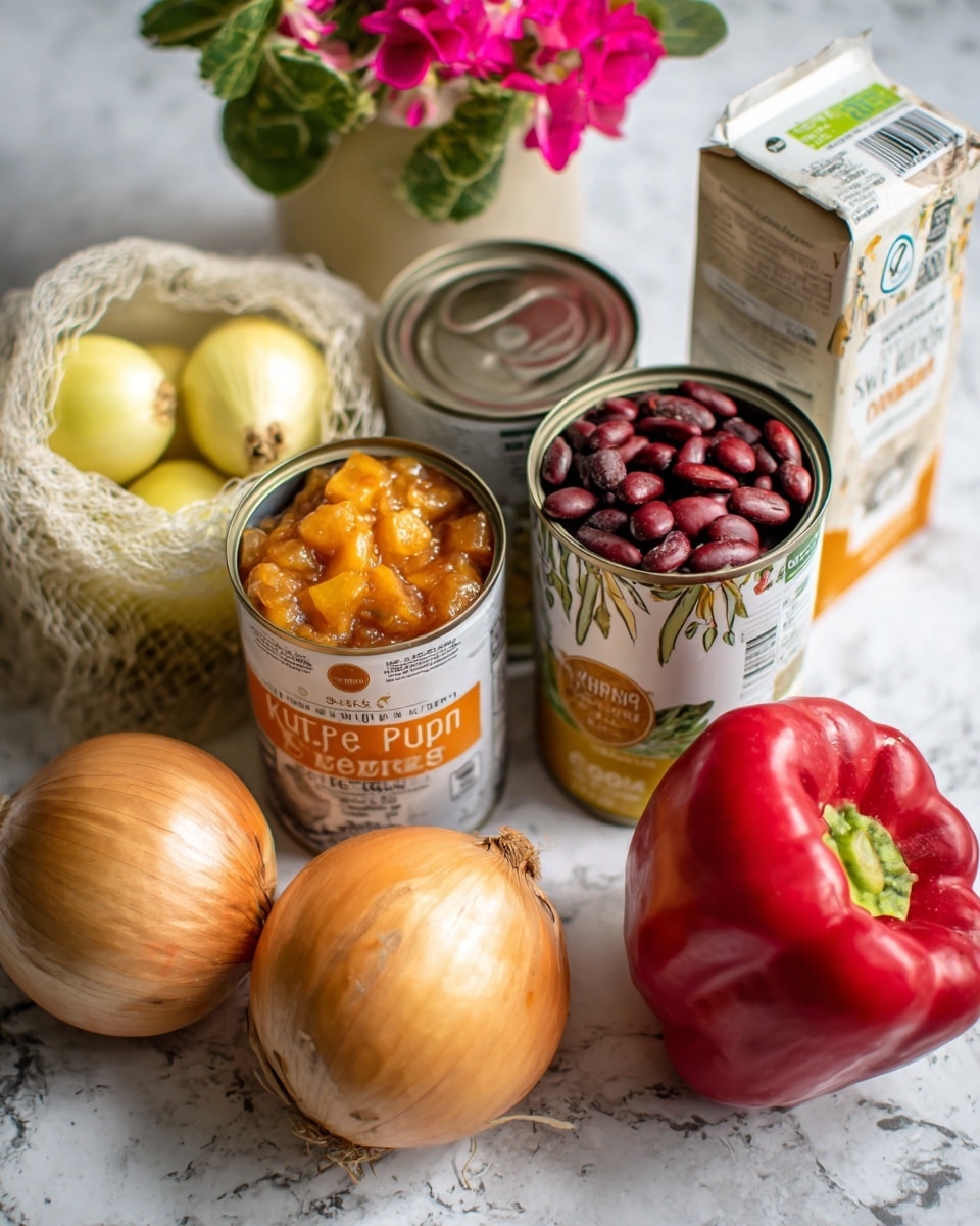 The image shows a group of ingredients placed on a white marbled surface. From left to right, there is a net bag with four light yellow onions, a can of diced tomatoes with a white and green label, a can of pure pumpkin with an orange and brown label, a can of kidney beans with a white and green label, a red bell pepper lying on its side, and a carton of beef bone broth with a beige and white design. In the background, there is a small vase with green leaves and pink flowers softly blurred. Photo taken with an iphone --ar 4:5 --v 7