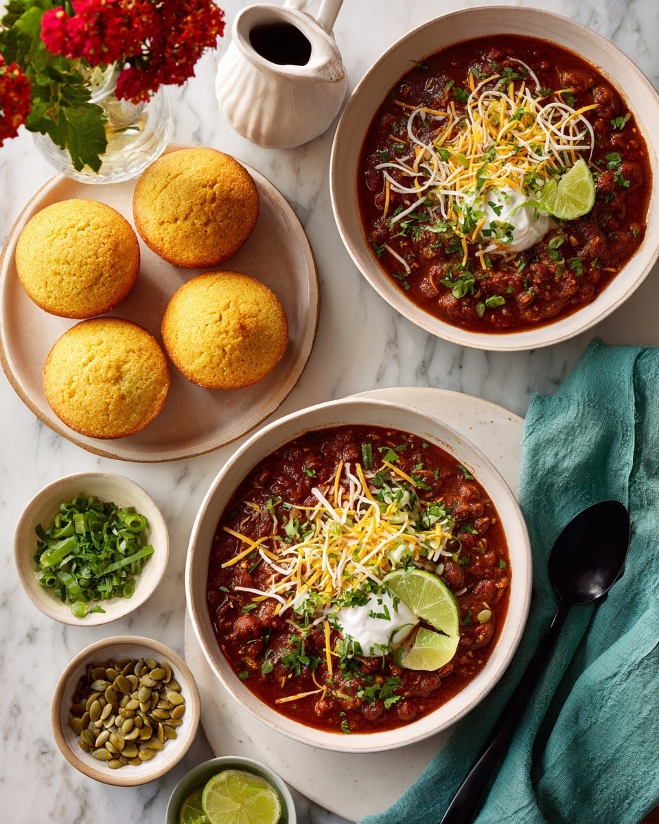 The image shows two white bowls filled with thick dark red chili, each topped with a dollop of white sour cream, shredded yellow and white cheese, green herbs, and pumpkin seeds. The bowls sit on a white marbled surface, surrounded by several golden yellow cornbread muffins placed directly on the surface. There are small white dishes nearby containing lime wedges, green onion slices, and pumpkin seeds. A small white pitcher is also present. A dark teal cloth is draped on the right side of the surface, and the background shows a blurred white table with a vase of orange and pink flowers. photo taken with an iphone --ar 4:5 --v 7