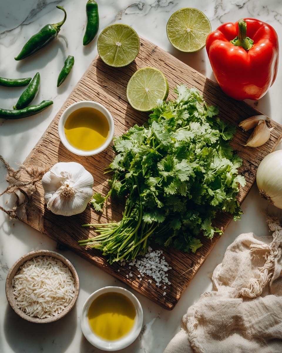 A wooden cutting board sits on a white marbled surface with a large bunch of fresh green cilantro spread across its right side. Two lime halves with pale green flesh lie on either side of the cilantro, one towards the top left and another near the bottom right of the board. A whole garlic bulb with white papery skin is placed near the bottom left edge of the board. To the right side of the cutting board, there is a bright red bell pepper sitting on the marbled surface. Below the pepper, small white bowls contain yellow olive oil, coarse salt, and uncooked rice grains respectively. A few green chili peppers are scattered on the marbled surface towards the bottom left near a beige cloth, and a peeled half of a white onion is visible on the far right edge. The whole scene is softly lit with natural light. Photo taken with an iphone --ar 4:5 --v 7