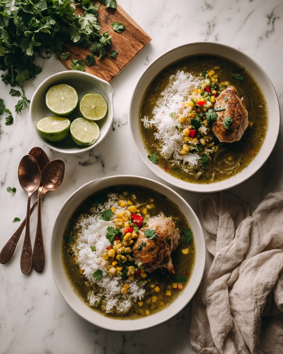 Two white bowls sit on a white marbled surface, each filled with a dark green soup. In the closer bowl, there is a single golden-brown fried piece topped with a mix of rice, yellow corn, and small red vegetable pieces, along with a sprig of bright green cilantro resting on the edge. The bowl further back contains a chicken drumstick submerged in the same soup with a similar topping of rice, corn, and vegetables, and a sprig of cilantro beside it. To the upper left, a wooden cutting board holds a bunch of fresh cilantro. Nearby, white bowls contain several lime wedges and a half lime, all placed on the marbled surface. Two spoons with wooden handles rest next to the bowls, and a light gray cloth partially appears at the bottom right corner. photo taken with an iphone --ar 4:5 --v 7