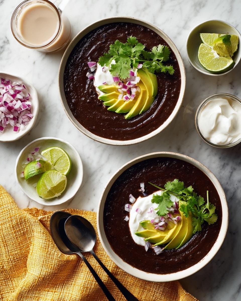 Two bowls of dark black bean soup sit on a white marbled surface, each bowl filled with a smooth, deep black layer of soup. On the top edge of each bowl, there is a fan-shaped layer of sliced avocado with bright green and yellow colors. Next to the avocado, a dollop of white sour cream is topped with small bits of purple-red onion and a sprig of green cilantro. Around the soups, there are small white dishes: one with lime wedges and another with diced red onions, plus a small white bowl filled with more sour cream. Two clear glasses with pale frothy drinks, two black spoons, and a yellow textured cloth add extra detail to the scene. Photo taken with an iphone --ar 4:5 --v 7
