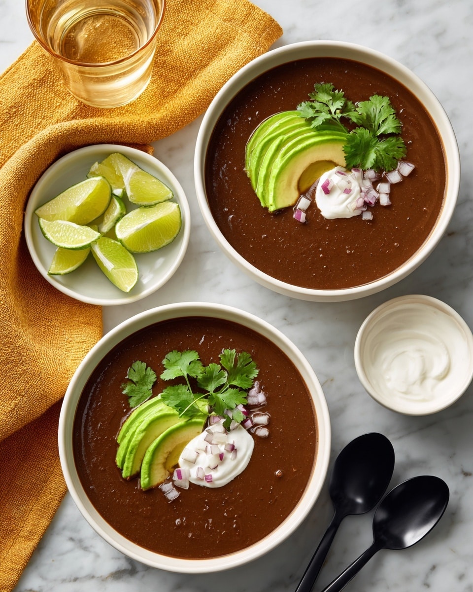 Two white bowls hold a dark black bean soup with smooth texture, filling most of each bowl. On top of the soup in each bowl, there is a thin fan of bright yellow-green avocado slices placed near the edge. Next to the avocado, there is a dollop of white cream with tiny red onion pieces mixed in, and a sprig of green cilantro rests by the cream. Small white dishes on the white marbled surface hold lime wedges and extra white cream. Two clear glasses contain a light golden drink. Matte black spoons lie beside the bowls, and a mustard yellow cloth is near the back on the white marble surface. Photo taken with an iphone --ar 4:5 --v 7