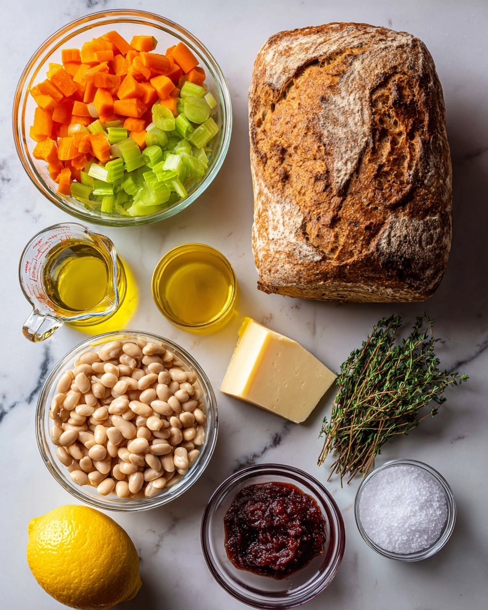 The image shows a collection of ingredients on a white marbled surface. On the right, there is a large loaf of brown, crusty bread with a rough texture. To the left of the bread is a glass bowl filled with chopped vegetables including orange carrots, green celery, and white onions. Above the bread, there is a glass measuring cup with a light yellow liquid, likely broth. Below the broth is a clear container with a yellowish liquid, possibly olive oil. Next to the oil is a small bunch of thyme sprigs. In the center left is a clear glass bowl filled with light beige beans. Below the beans, there is a small wedge of a hard, pale yellow cheese. Next to the cheese is a small glass bowl containing a rich, dark red paste. To the lower right of this, there is a small bowl of white salt. At the bottom left corner, a whole lemon with a smooth yellow skin is placed. photo taken with an iphone --ar 4:5 --v 7